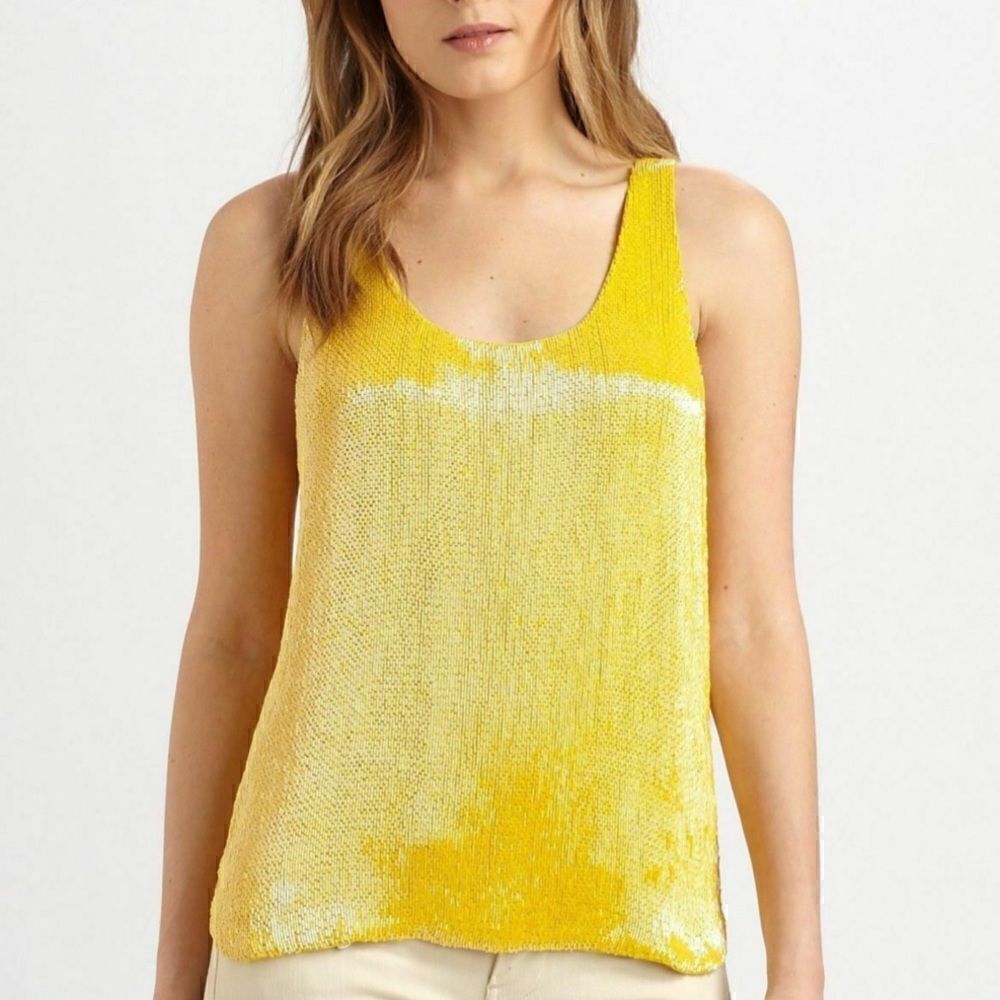 Ralph Lauren Citrus Yellow Bead Embellished Silk Georgette Tank Top - Picture 15 of 16
